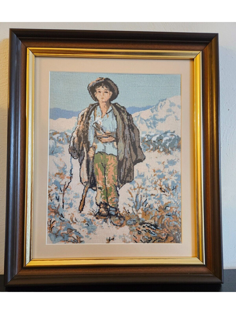 Vintage Romanian Shepard Completed &Professionally Framed Crossed Stitch 18X15X2